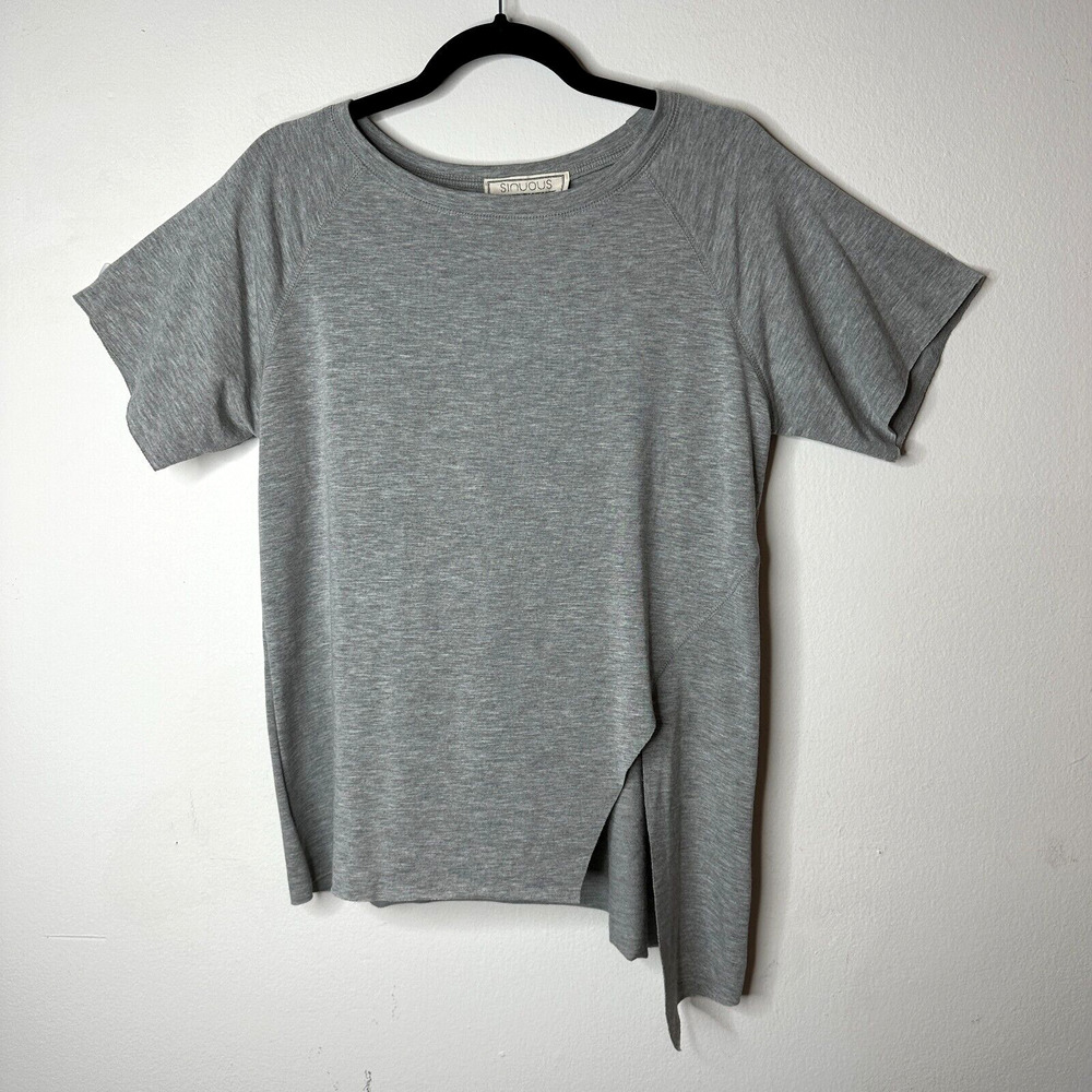 Sinuous Casual Gray Asymmetrical Hem Short Sleeve Relaxed Tee Round Neck Medium